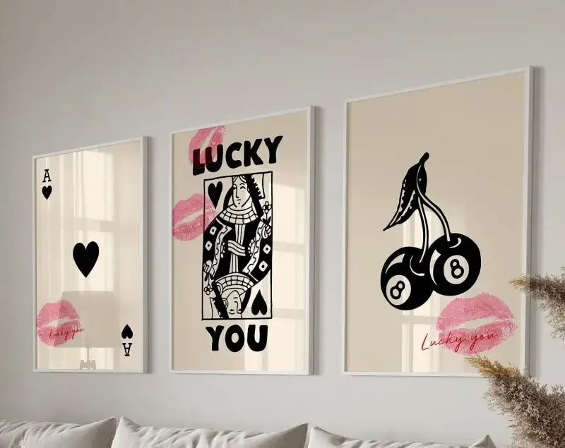 DecorBites™ retro set of 3 lucky queen wall art posters featuring black and pink playing card designs on cream background