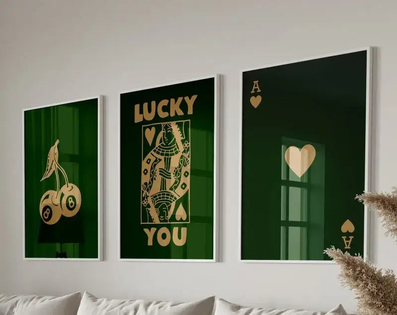 DecorBites retro set of 3 green and gold playing card wall art posters perfect for stylish wall art decor