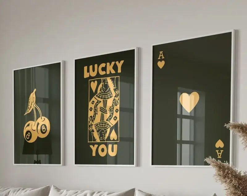 Decorbites retro set of 3 wall art posters featuring black and gold playing card designs with cherries queen and ace hearts