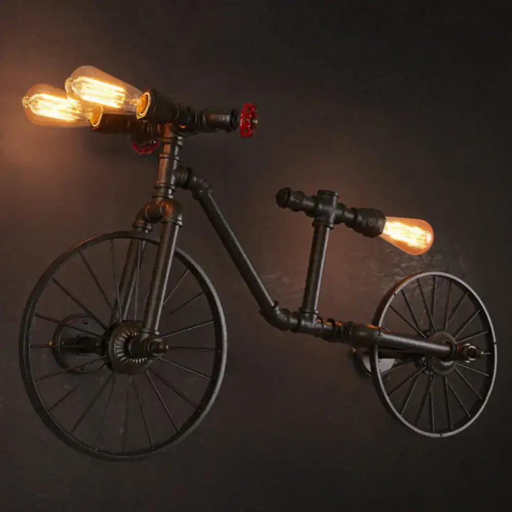 Decorbites™ retro style iron piping bicycle hanging lamp with three exposed edison bulbs in black metal finish