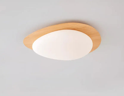DecorBites™ retro-style ceiling light with walnut color wood frame and frosted glass diffuser for living room