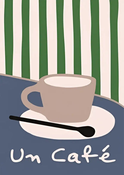 Decorbites™ retro vintage espresso wall art canvas print features beige ceramic coffee cup on white saucer with black spoon