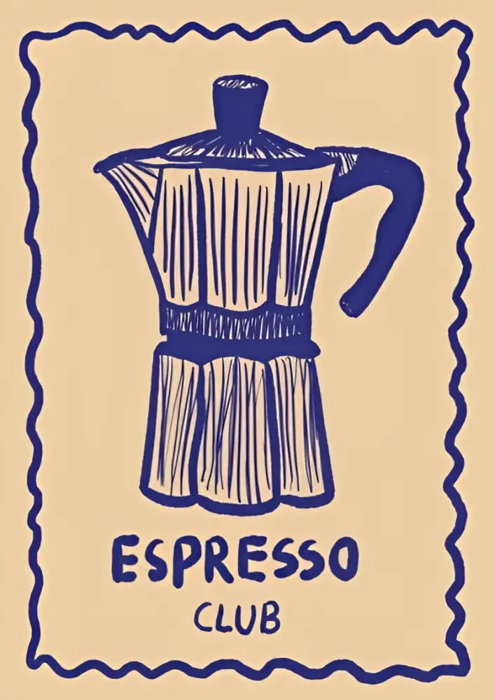 Blue illustrated moka pot with vertical lines and handle on beige background for DecorBites™ retro vintage espresso wall art canvas print