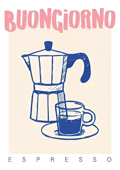 Blue line-art illustration of classic italian moka pot with cup on beige background in decorbites™ espresso wall art canvas print