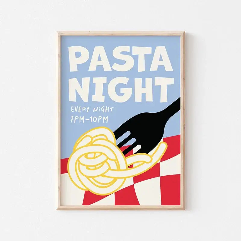 Framed DecorBites™ retro vintage espresso wall art canvas print featuring yellow spaghetti and pasta night text on blue background