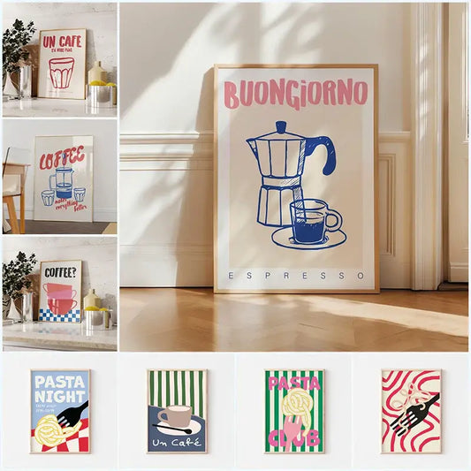 A framed DecorBites™ retro vintage espresso wall art canvas print featuring blue line-art espresso maker and pink buongiorno text