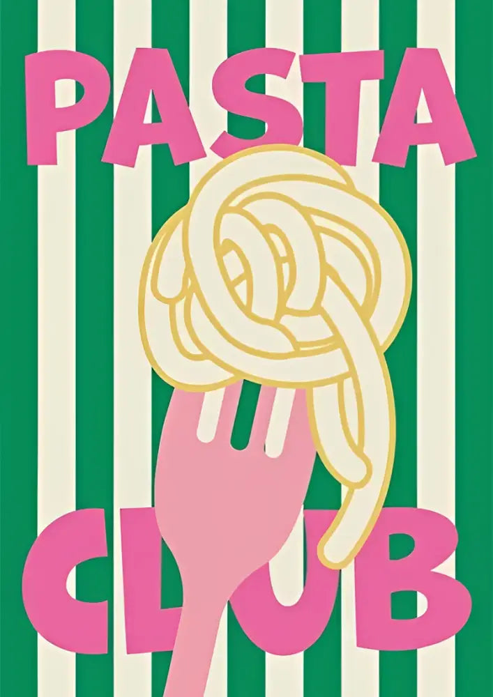 DecorBites™ retro vintage espresso wall art canvas print featuring a pink fork holding yellow pasta on striped background