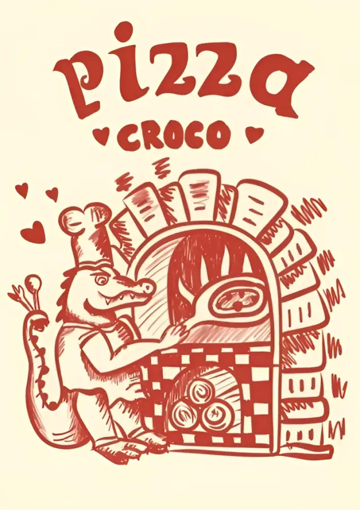 Red illustrated wall art canvas print featuring a chef alligator baking pizza for decorbites espresso wall art