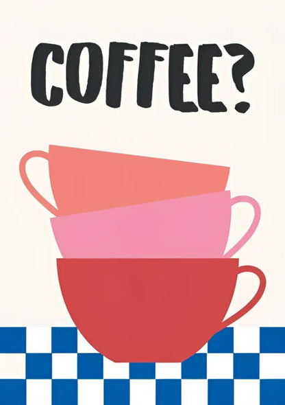 DecorBites™ retro vintage espresso wall art canvas print with stack of three pastel coral pink and red coffee mugs