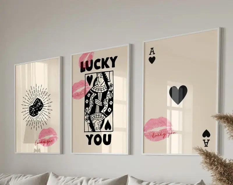 Three framed retro wall art posters set by decorbites featuring black and pink queen of hearts themed designs