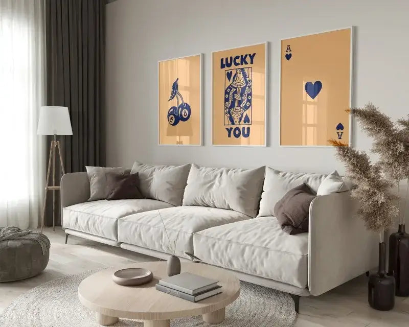 Beige sectional sofa with soft modern upholstery and dark brown accent pillows featured near decorbites™ retro wall art set queen of hearts aesthetic