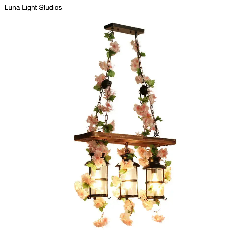 Decorbites™ retro wooden lantern island ceiling light with three pink green lanterns and plant flower decor chains
