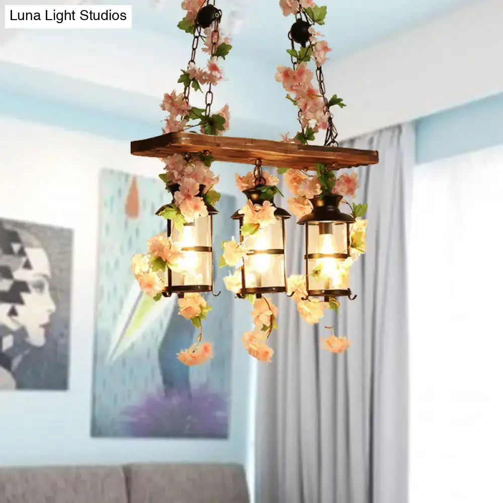 DecorBites retro wooden island ceiling light with three lanterns decorated in pink green plant flower decor
