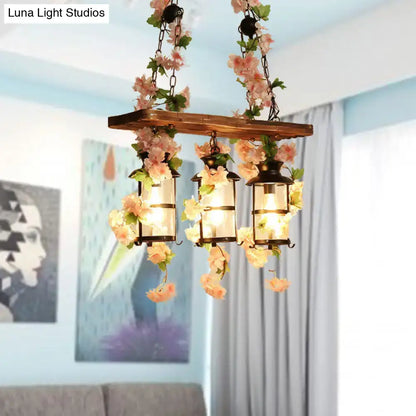 DecorBites retro wooden island ceiling light with three lanterns decorated in pink green plant flower decor