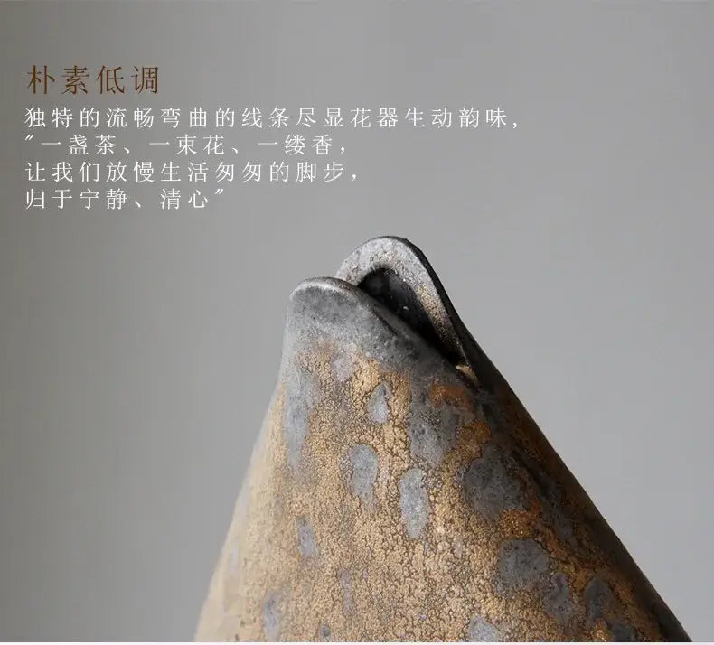 DecorBites™ retro zen pottery vase ornaments with a matte earthy glaze in mottled brown and gray for tea ceremony