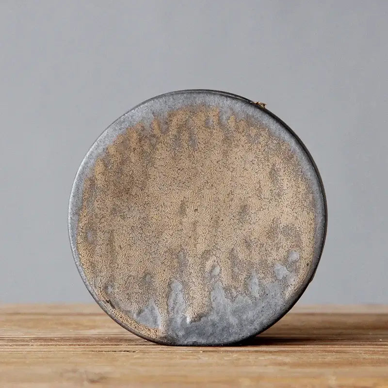 Circular ceramic plate with textured gray and beige glaze from decorbites™ retro zen pottery vase ornaments for tea ceremony
