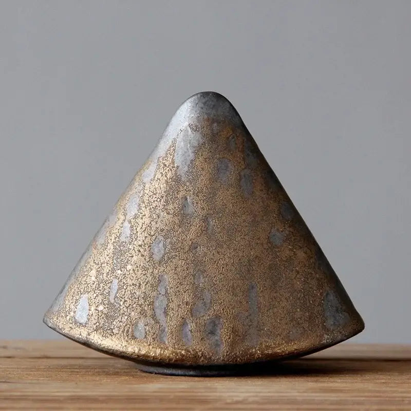 DecorBites™ retro zen conical ceramic vase ornament with textured metallic gold and dark gray glaze for tea ceremony