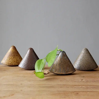 DecorBites™ retro zen pottery vase ornaments in conical ceramic with earthy tones and matte textured finish for tea ceremony