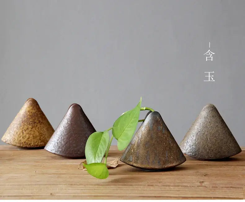 Four rustic cone-shaped ceramic pottery vase ornaments in brown and gray by DecorBites designed for tea ceremony décor