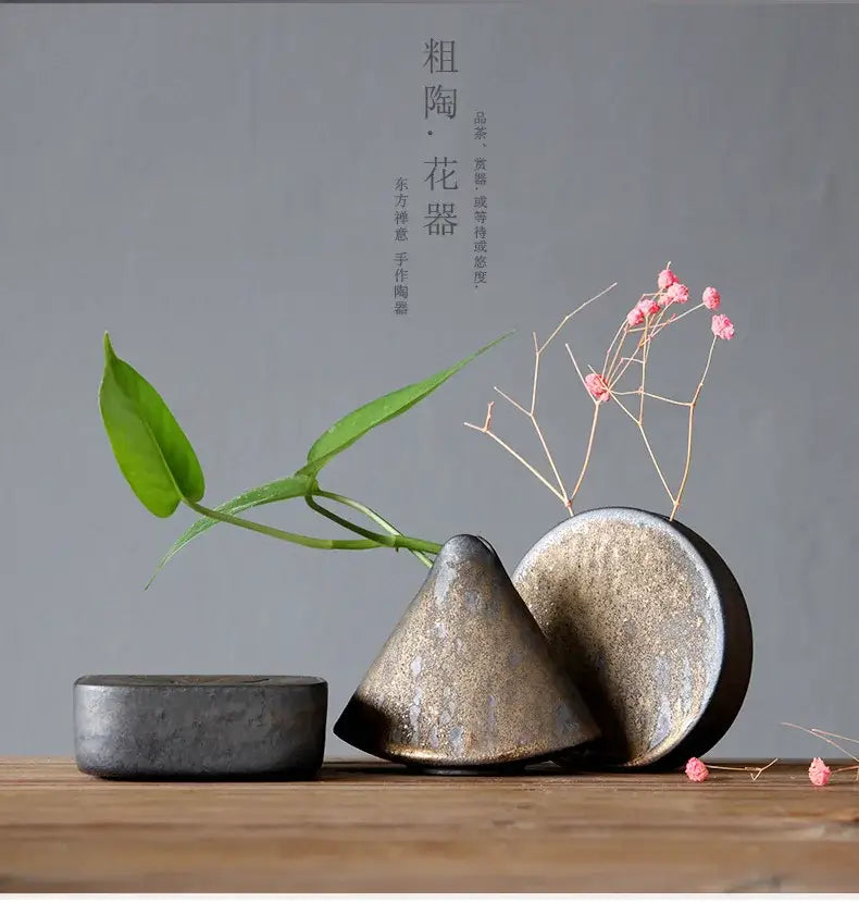 DecorBites™ retro zen pottery vase ornament with matte earthy tone and textured conical shape for tea ceremony decor
