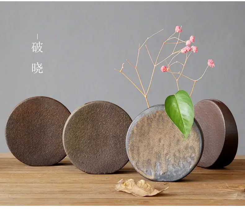 Rustic ceramic DecorBites™ retro zen pottery vase ornaments with textured earthy brown glaze and grayish-blue accents for tea ceremony