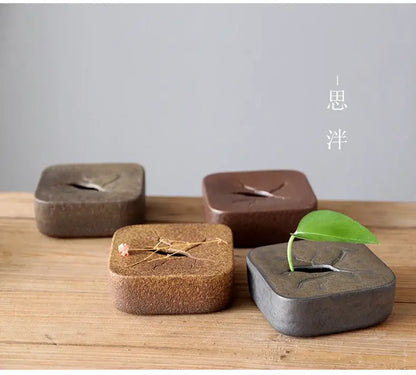 DecorBites™ retro zen square ceramic pottery vase ornaments in earthy tones with carved leaf design for tea ceremony
