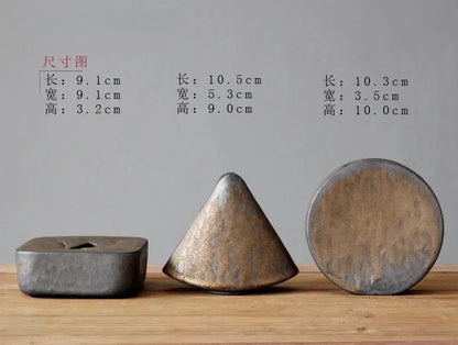 Three handcrafted ceramic vase ornaments with matte earthy brown and gray tones for decorBites™ Retro Zen tea ceremony