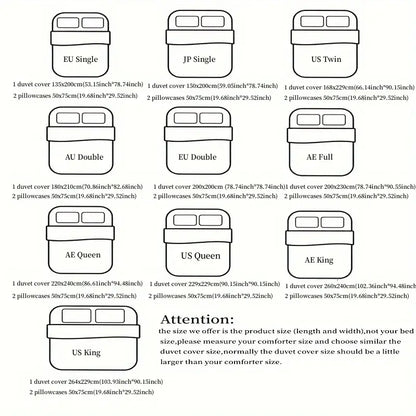 Detailed size chart for decorbites™ rose embroidered duvet cover set including measurements in cm and inches for various beds