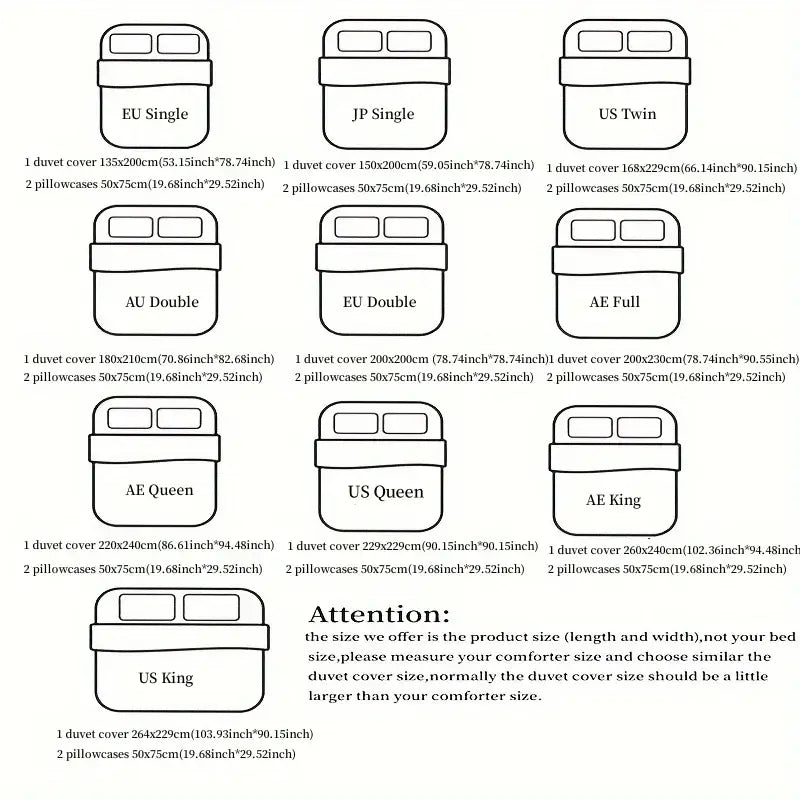Detailed size chart in cm and inches for decorbites™ rose embroidered duvet set princess style covers and pillowcases