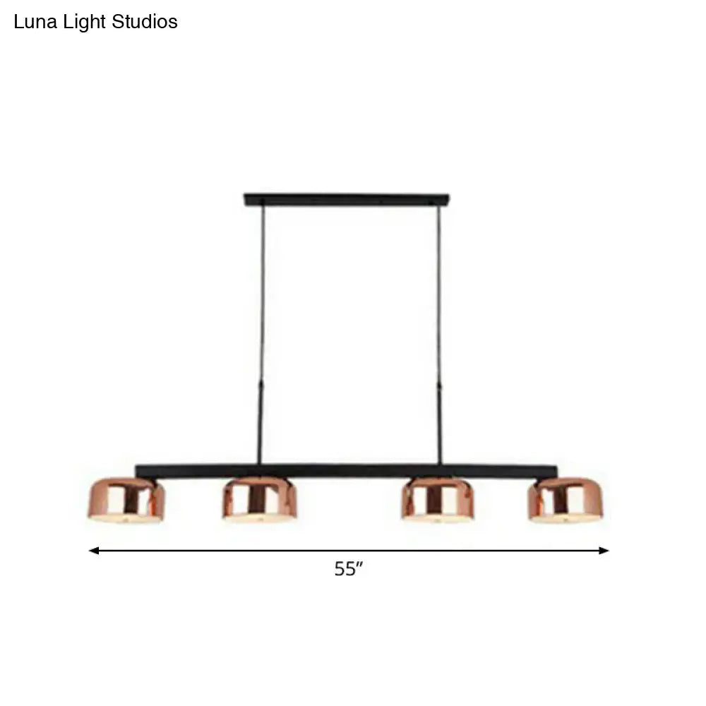 Decorbites rose gold metal 4-light pendant light with copper-finished cylindrical shades for minimalist dining room