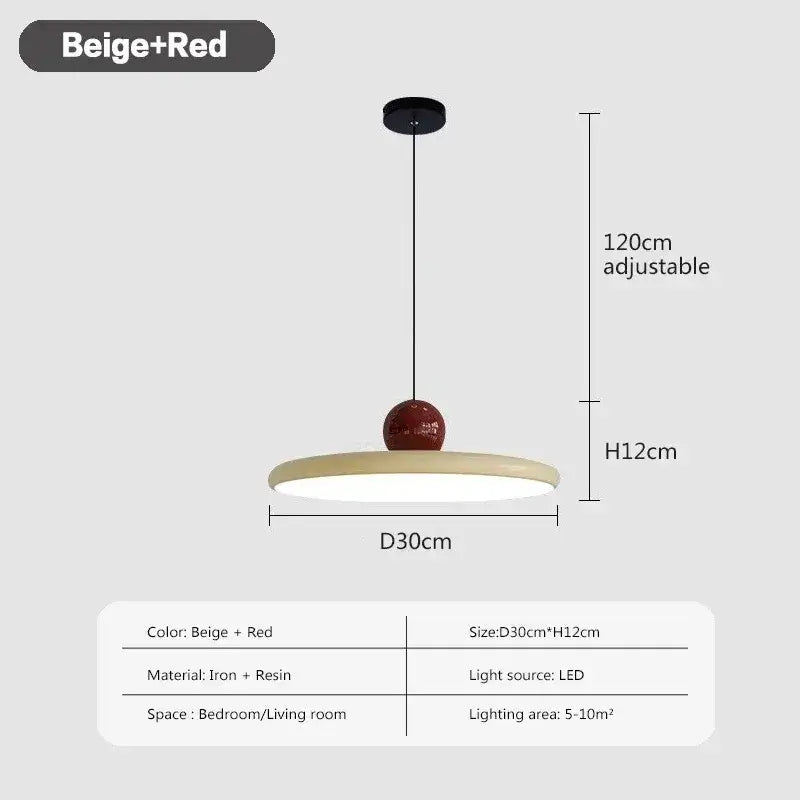 Decorbites™ rotatable nordic led pendant light with beige and red circular iron and resin shade suspended by black cord