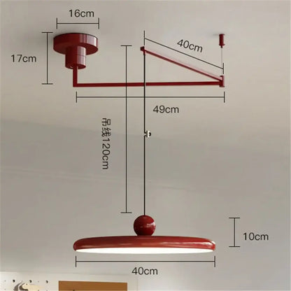Decorbites™ rotatable nordic led pendant light with red metal circular lampshade and sleek elongated arm design