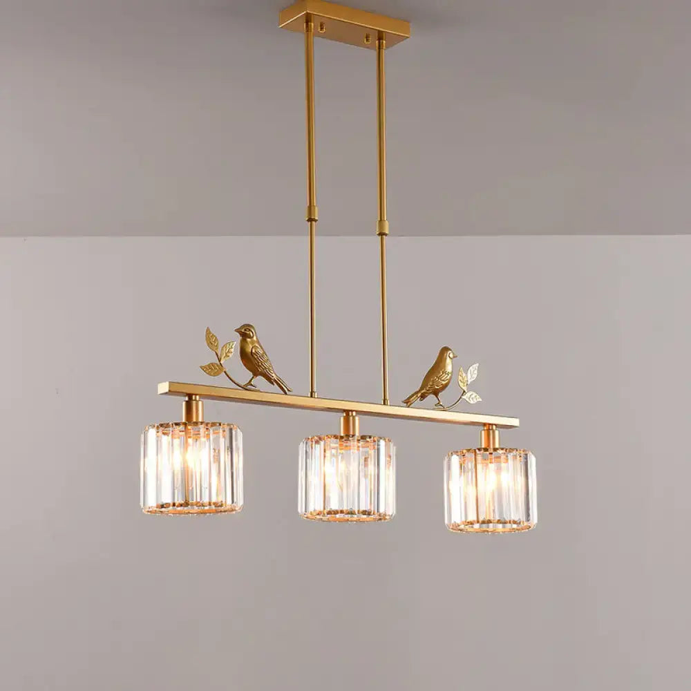 Gold-toned decorbites rustic 3-head cylindrical crystal island lighting with bird and leaf decor for dining room
