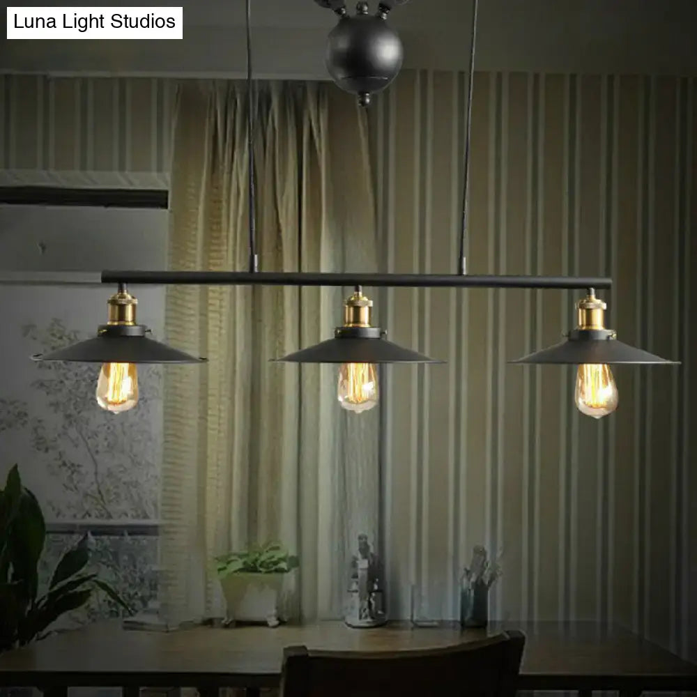 DecorBites rustic 3-head pendant light with black flared shade, brass fixtures, and exposed edison bulbs for dining room