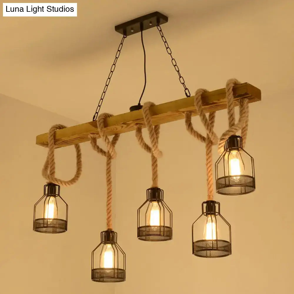 Decorbites rustic 5-head wood pendant light with black metal cage lanterns suspended by beige rope for e26 e27 bulbs