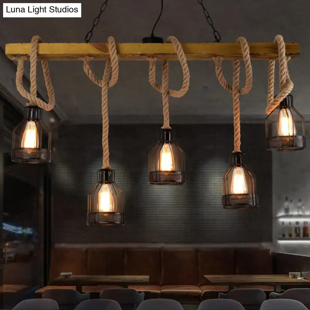Decorbites rustic 5-head wood island pendant light with beige rope suspensions e26 e27 led incandescent bulbs