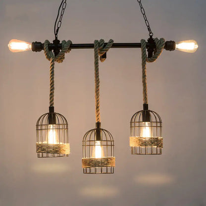 DecorBites rustic 5-light black birdcage island pendant with natural rope and woven twine for dining room 220v-240v 110v-120v
