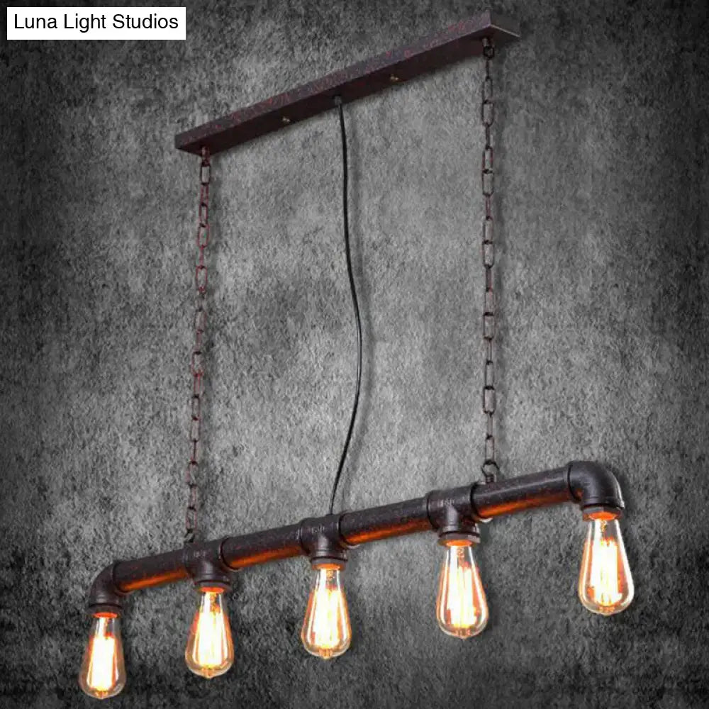 Industrial iron plumbing pipe pendant light with dark rustic metal frame and four exposed e26 e27 edison bulbs for table and island
