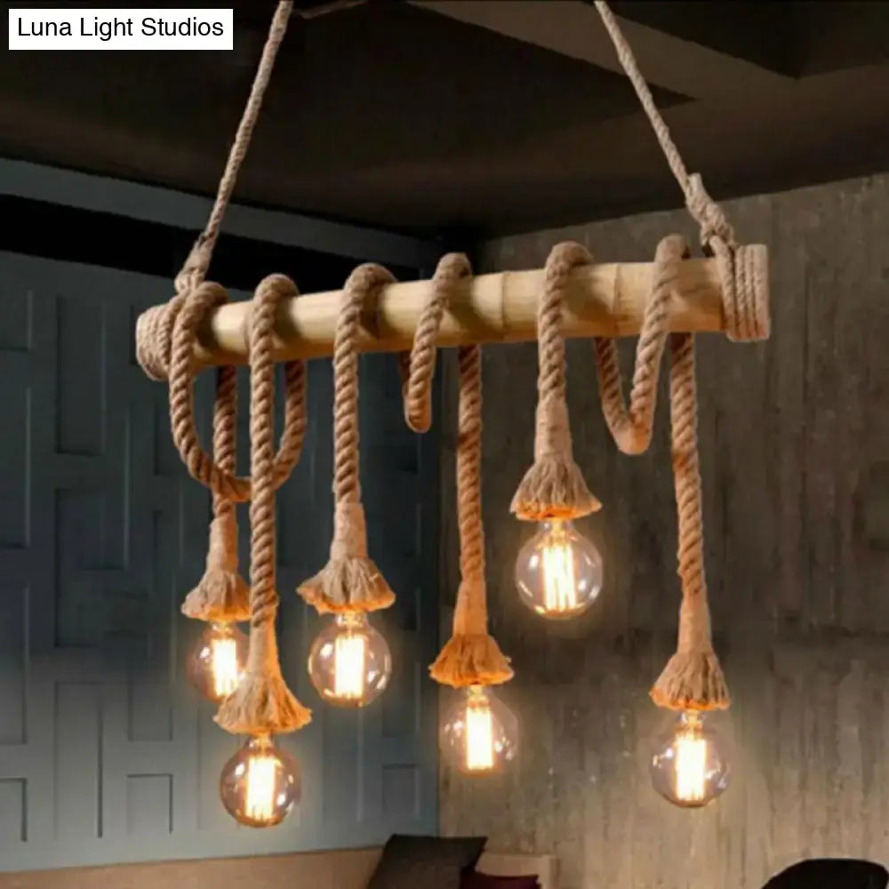 DecorBites™ rustic bamboo tube ceiling light with beige rope and exposed bulb fixtures for restaurant and island use