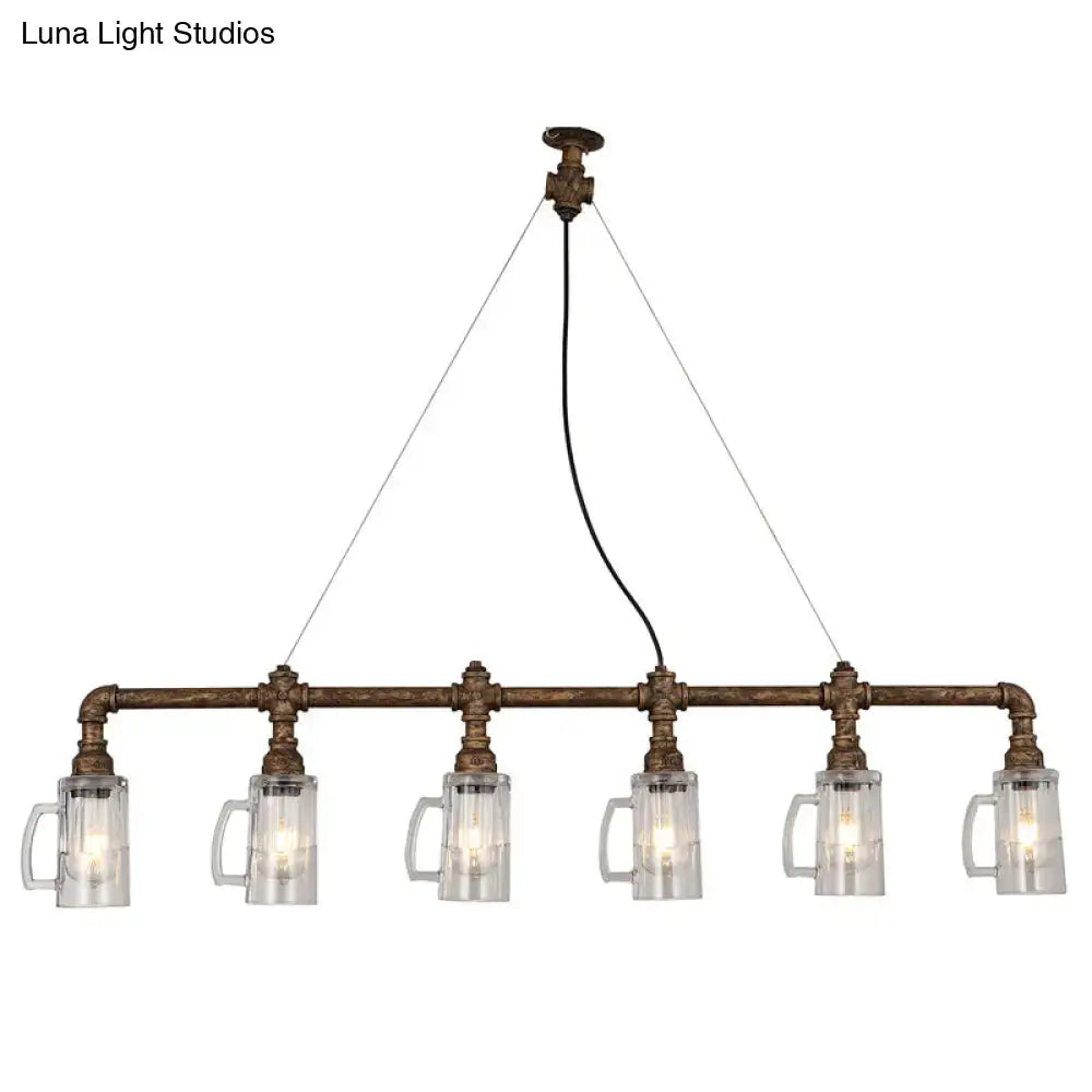 DecorBites™ rustic bar ceiling pendant light with bronze pipe frame and five clear glass beer mug fixtures