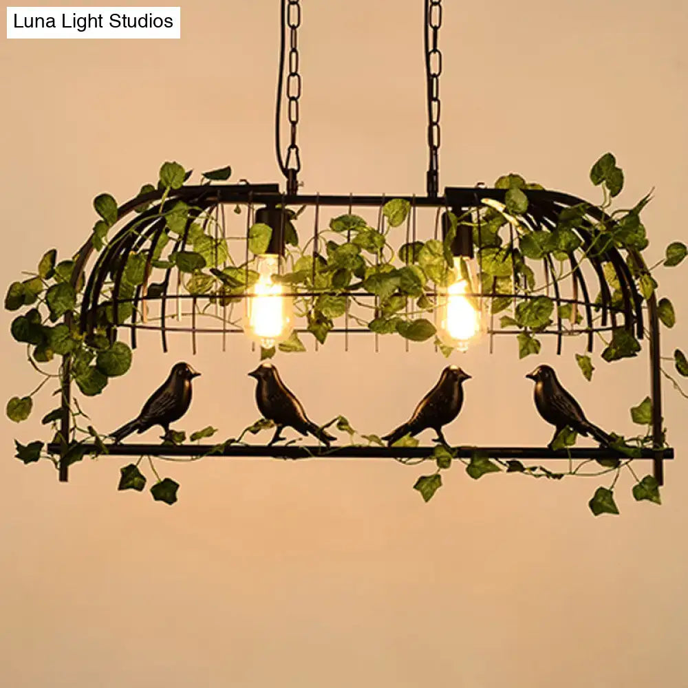 DecorBites rustic black wrought iron birdcage island pendant light fixture with faux green ivy and four bronze birds for restaurant décor