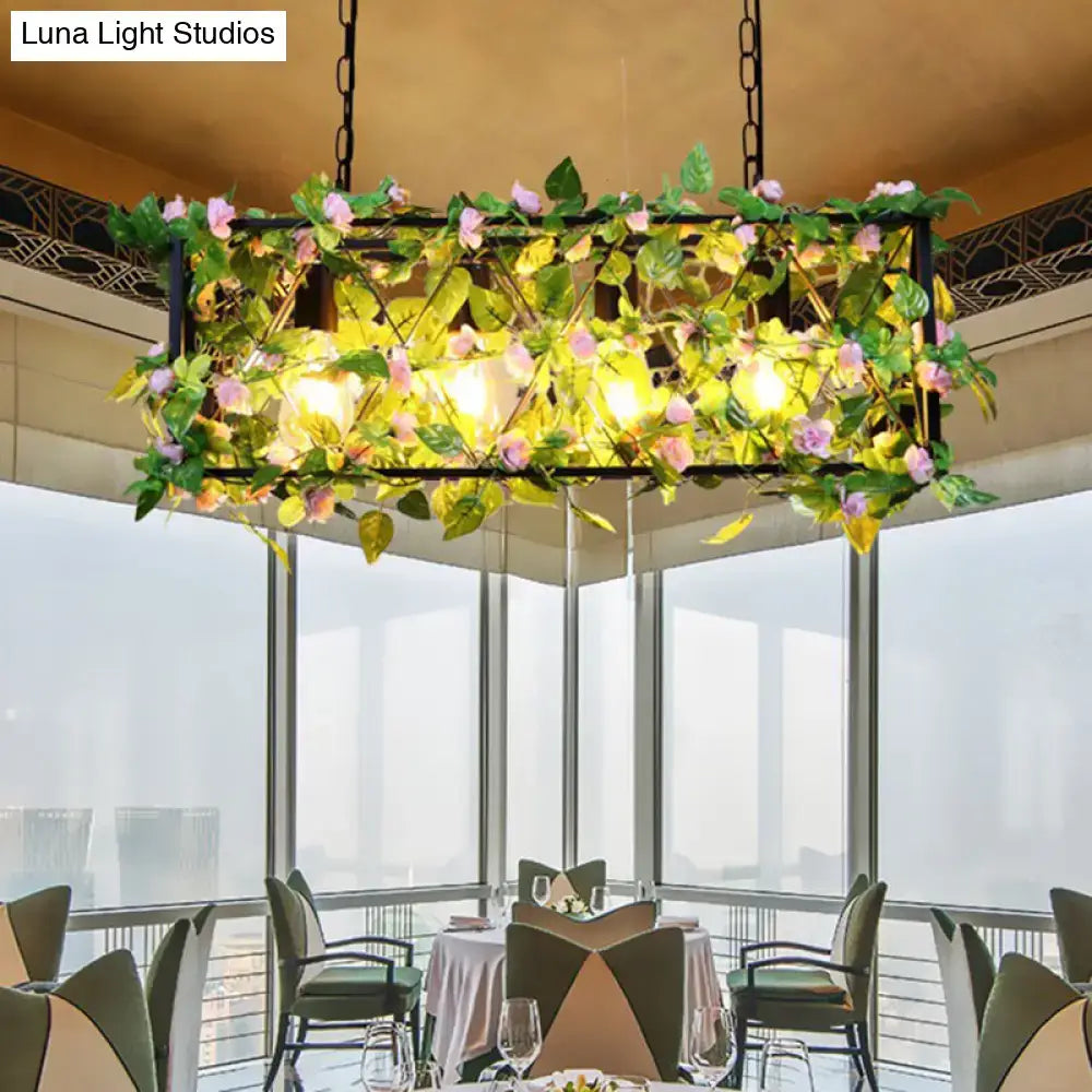 Decorbites™ rustic black metal rectangle lantern pendant light with artificial pink flowers for restaurants 110v-120v