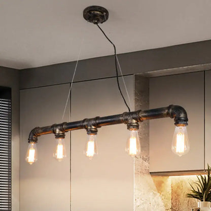 DecorBites™ rustic bronze island pendant light with black plumbing pipe iron and four exposed bulbs for living room ceiling light