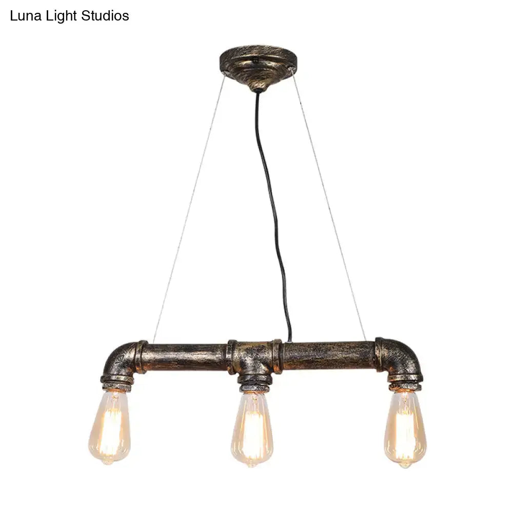 DecorBites™ rustic bronze island pendant light with dark bronze plumbing pipe iron frame and three edison bulbs for living room ceiling light