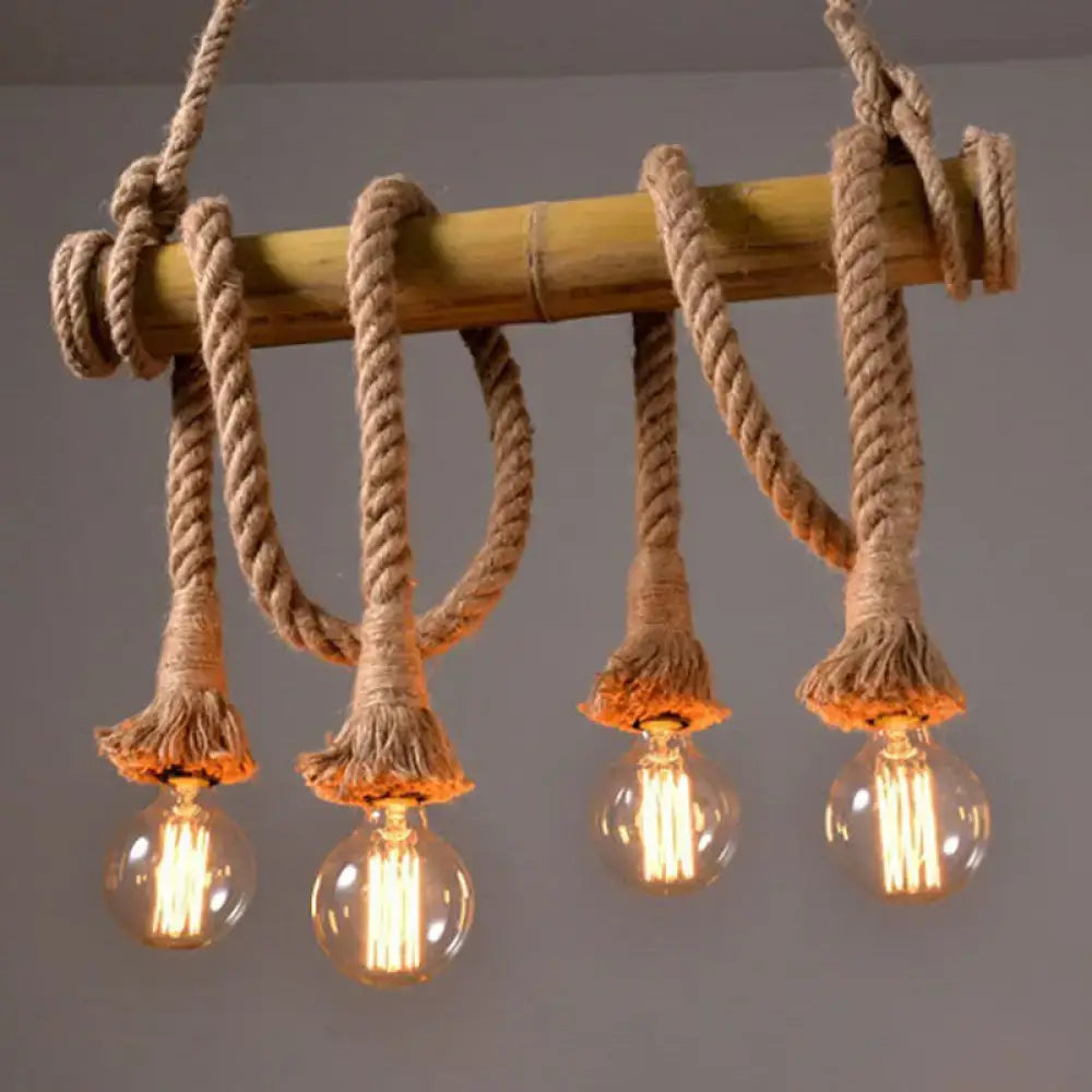 DecorBites™ rustic brown island pendant light with bamboo pole and beige rope suspending four edison bulbs