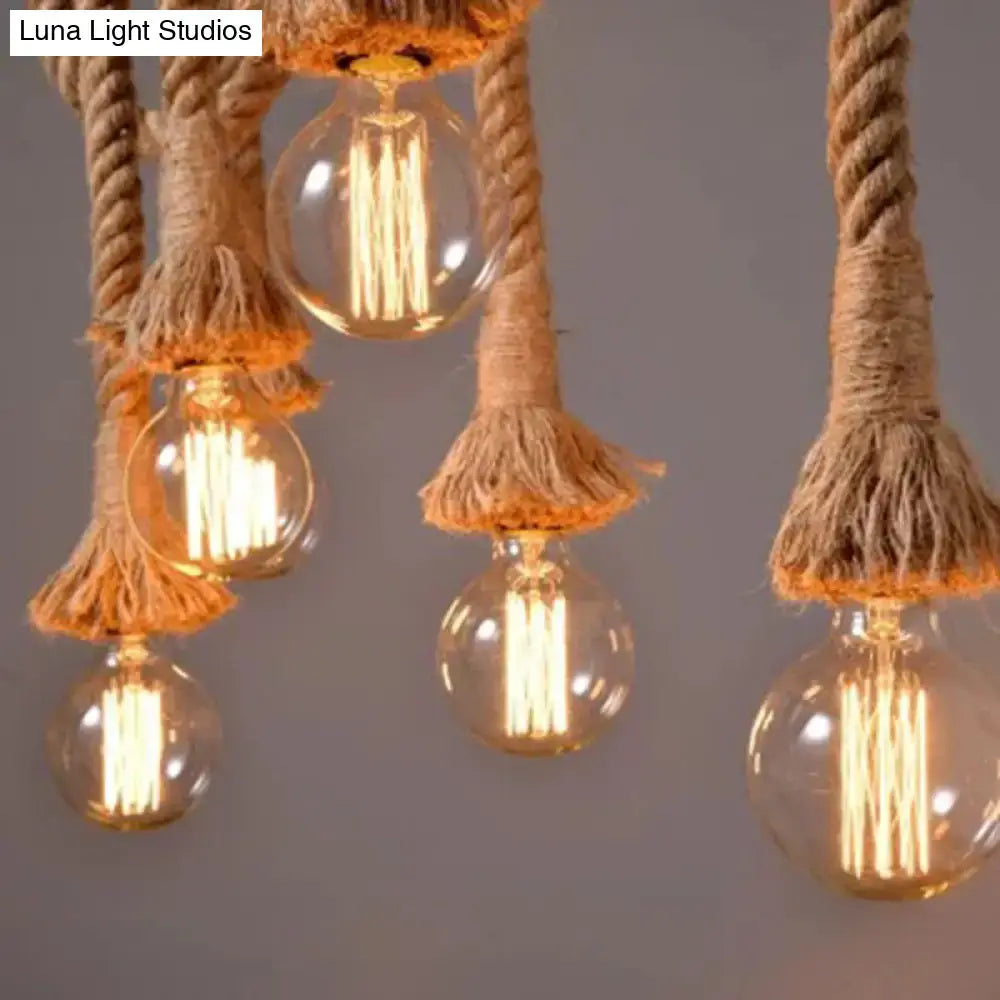 Decorbites™ rustic brown island pendant light featuring rope-wrapped clear glass bulbs with warm filament and bamboo pole