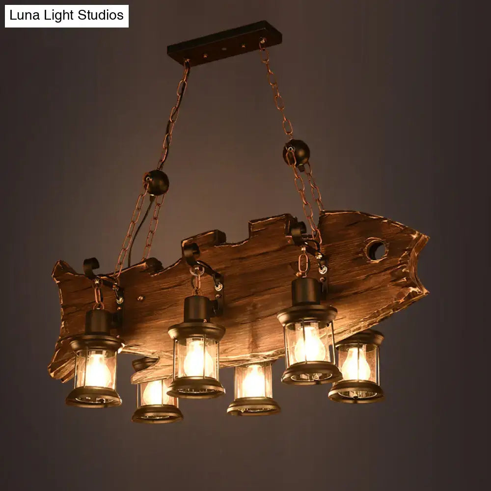 DecorBites rustic fish shaped wood hanging lamp with five lantern lights metal chains brown e26 e27 fixture height width