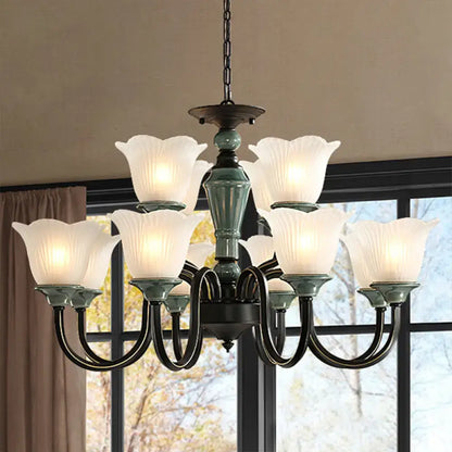 Antique bronze DecorBites rustic floral chandelier with blackish green suspension and eight frosted glass tulip shades