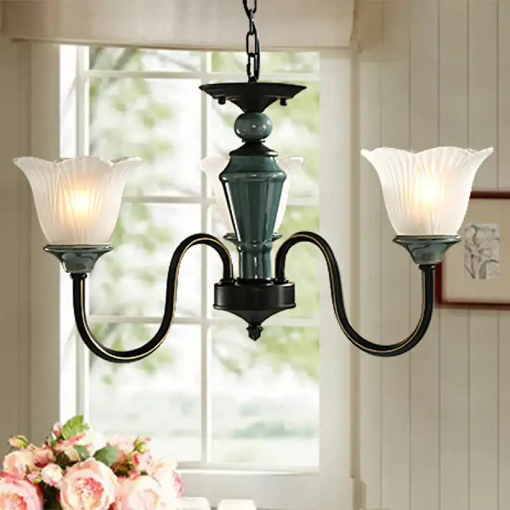 Decorbites™ rustic floral chandelier with blackish green wrought iron and frosted glass shades for living room lighting