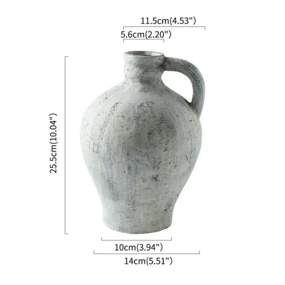 DecorBites™ rustic handmade ceramic vase in gray with a textured coarse pottery finish and sturdy handle for home decor